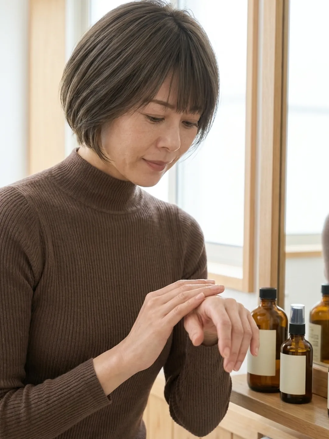 朝の洗面台で手の甲を見る40代の女性(イメージ)