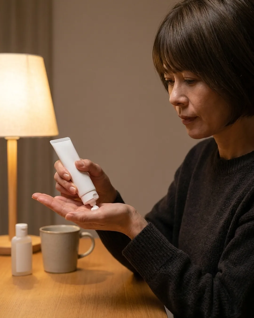 夜、食卓でハンドクリームを手に出す女性