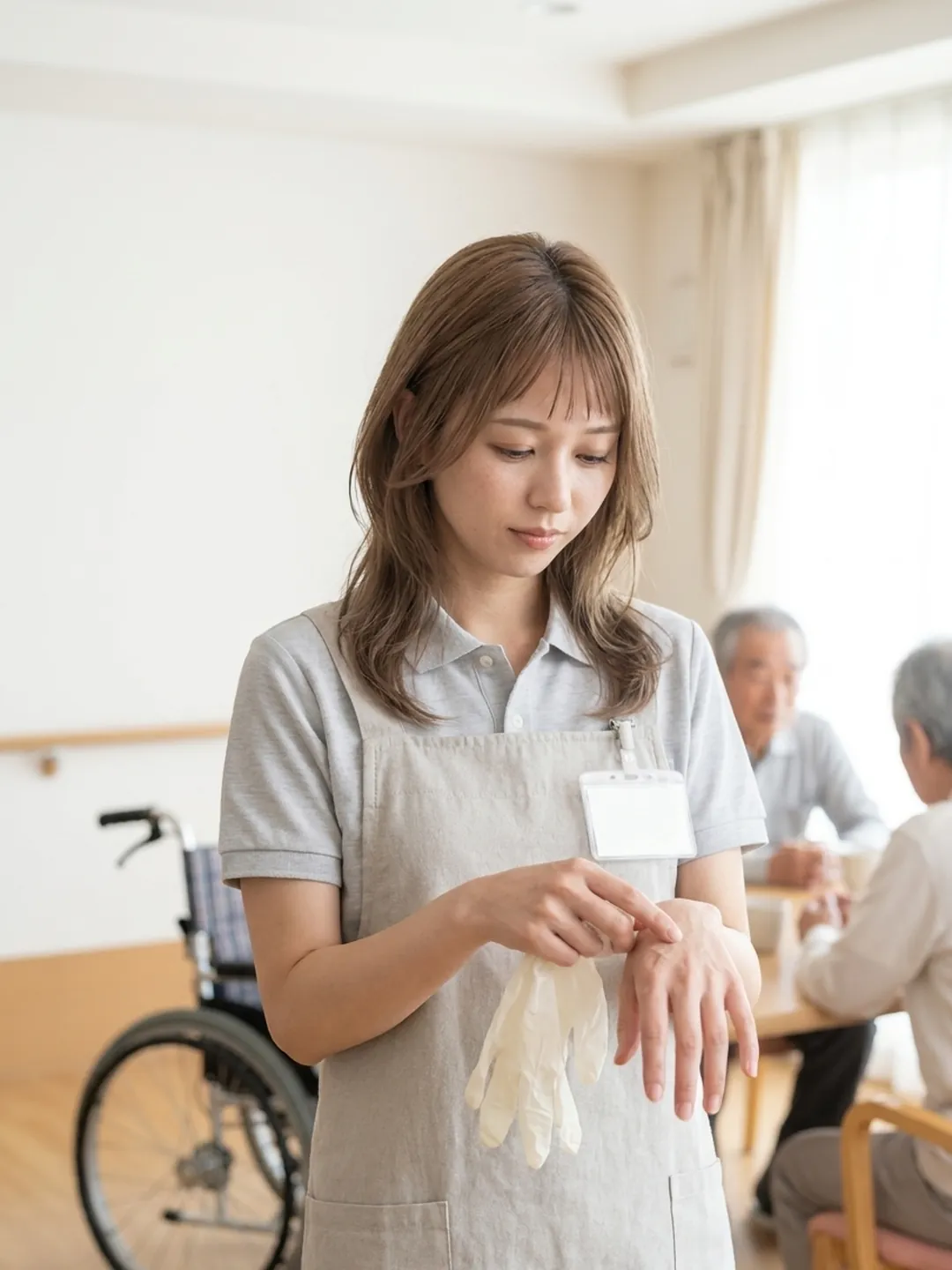 介護施設で使い捨て手袋を外し、自分の手を見る介護職員(イメージ)