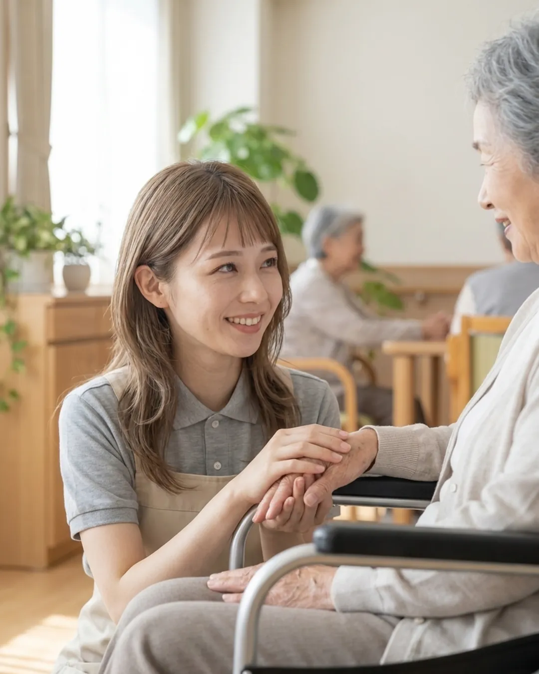 車椅子の利用者さんの手をやさしく握る介護職員