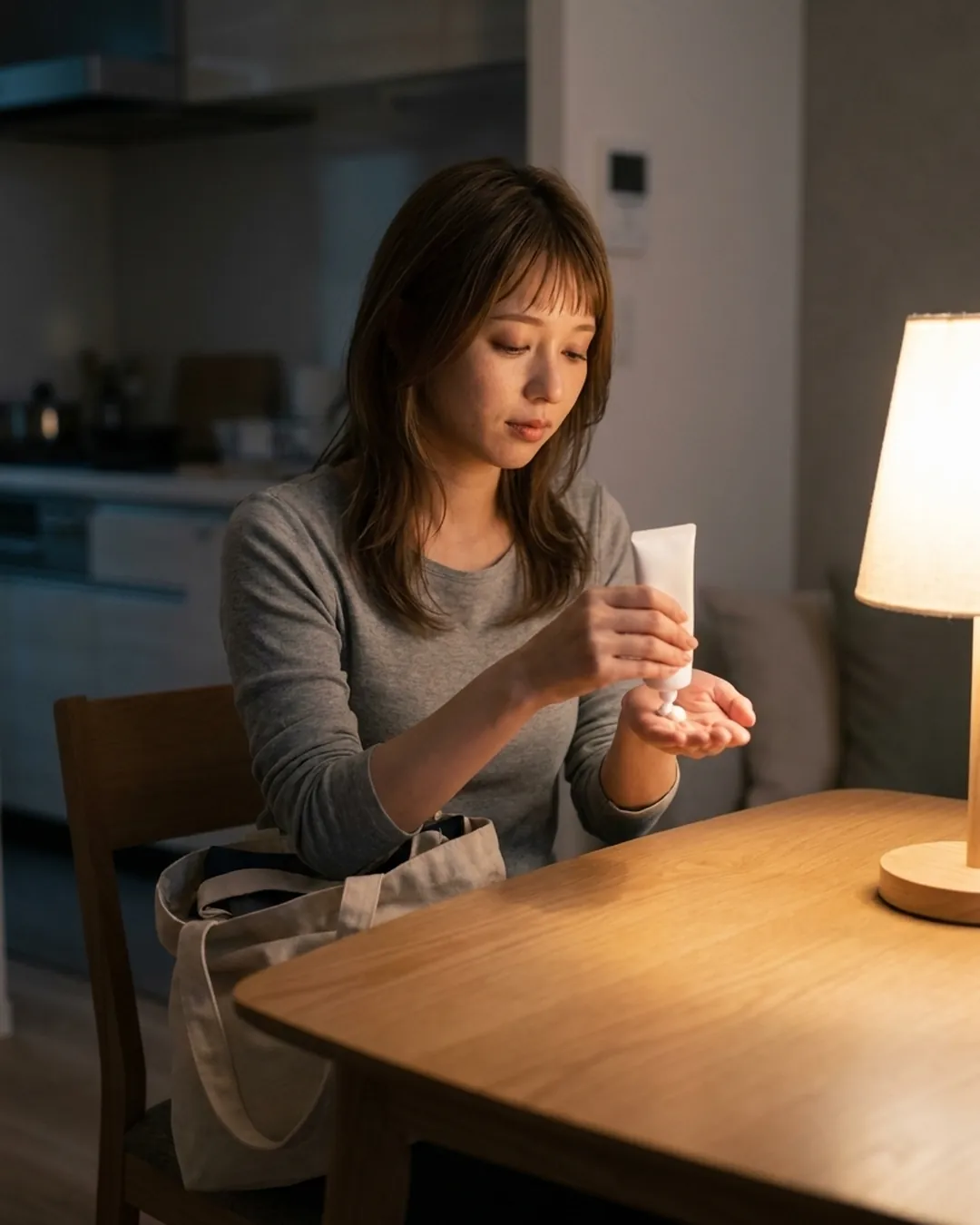 仕事帰り、食卓でハンドクリームを手に出す女性