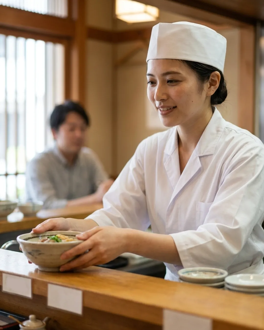仕上がった料理を両手でカウンターに出す料理人