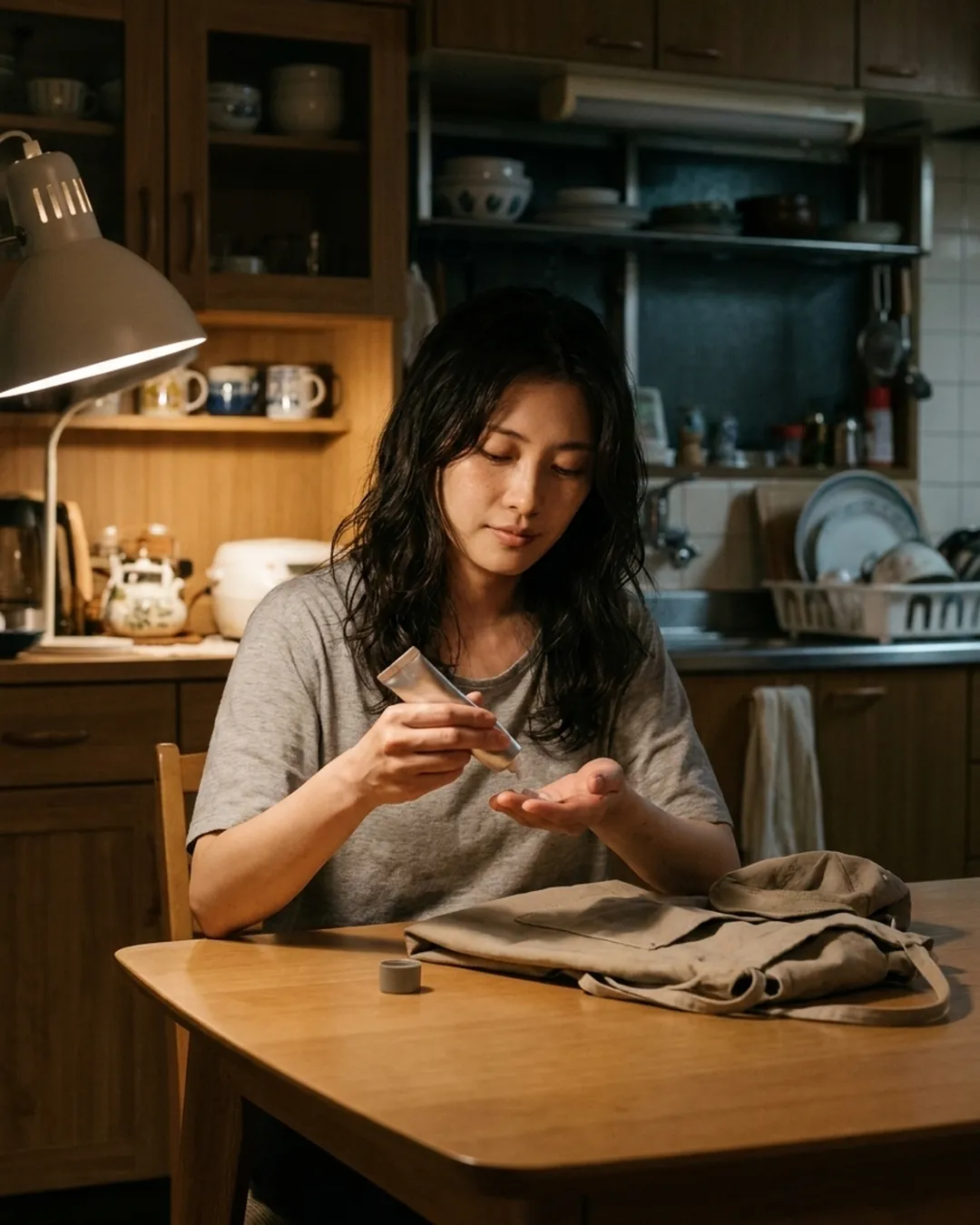 閉店後、食卓でハンドクリームを手に出す女性