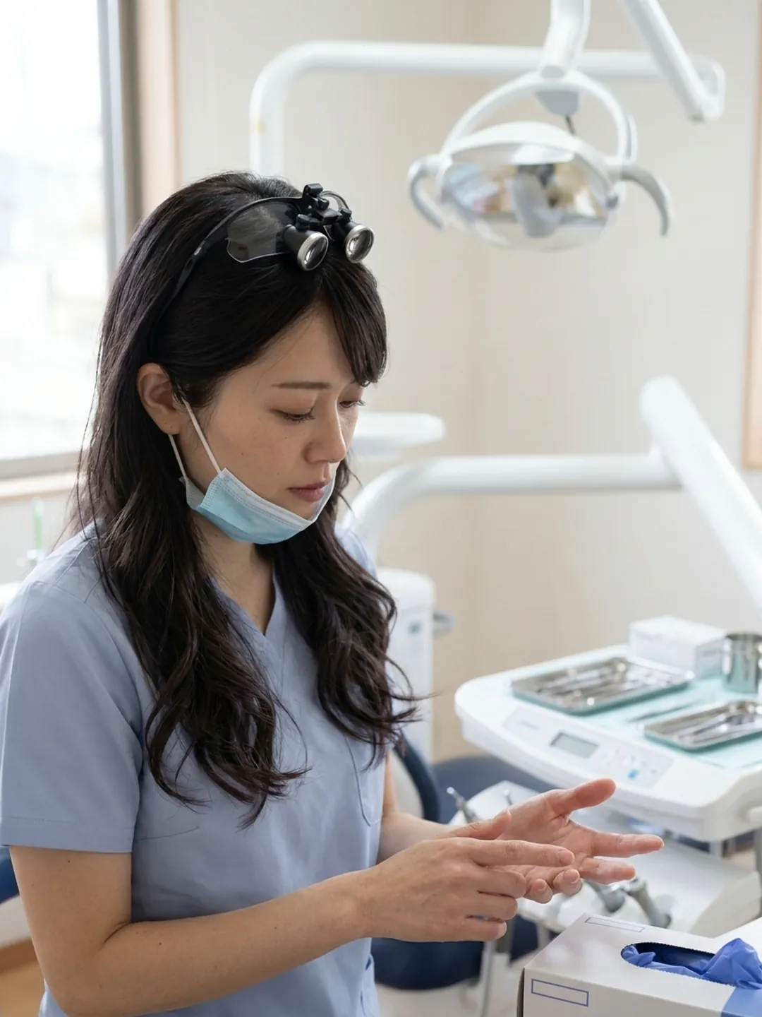 歯科ユニットの前でグローブを外した指先を見る歯科衛生士(イメージ)