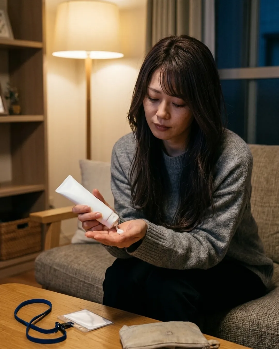 仕事帰り、ソファでハンドクリームを手に出す女性