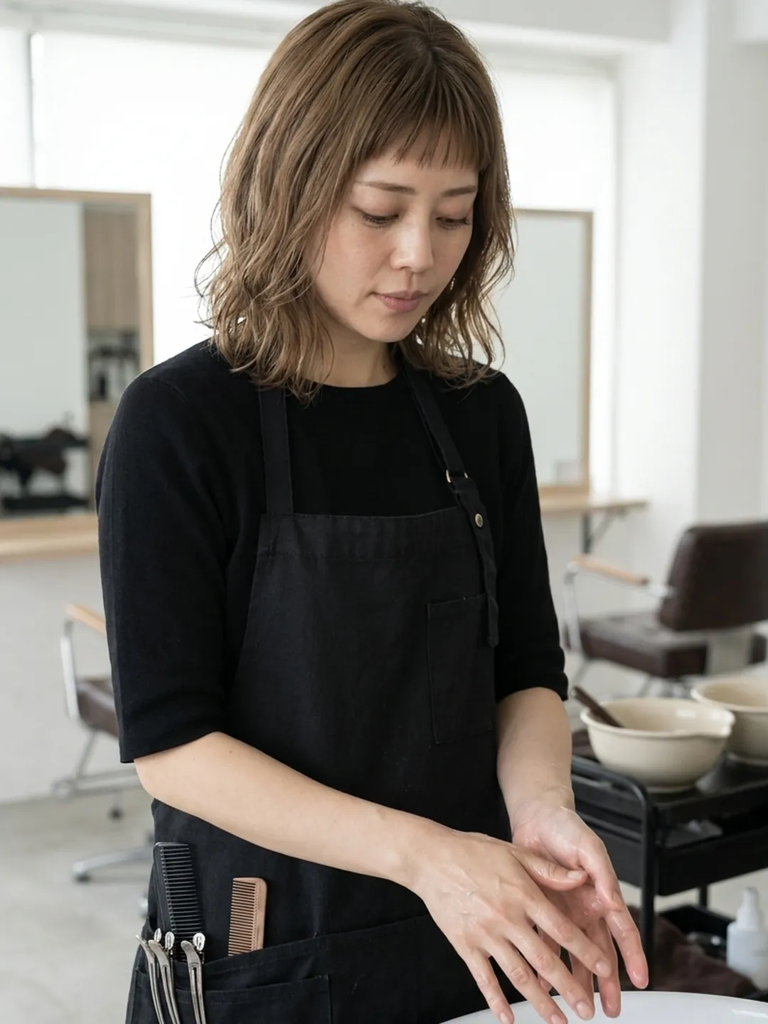 サロンのシャンプー台の前で濡れた手を見る美容師(イメージ)