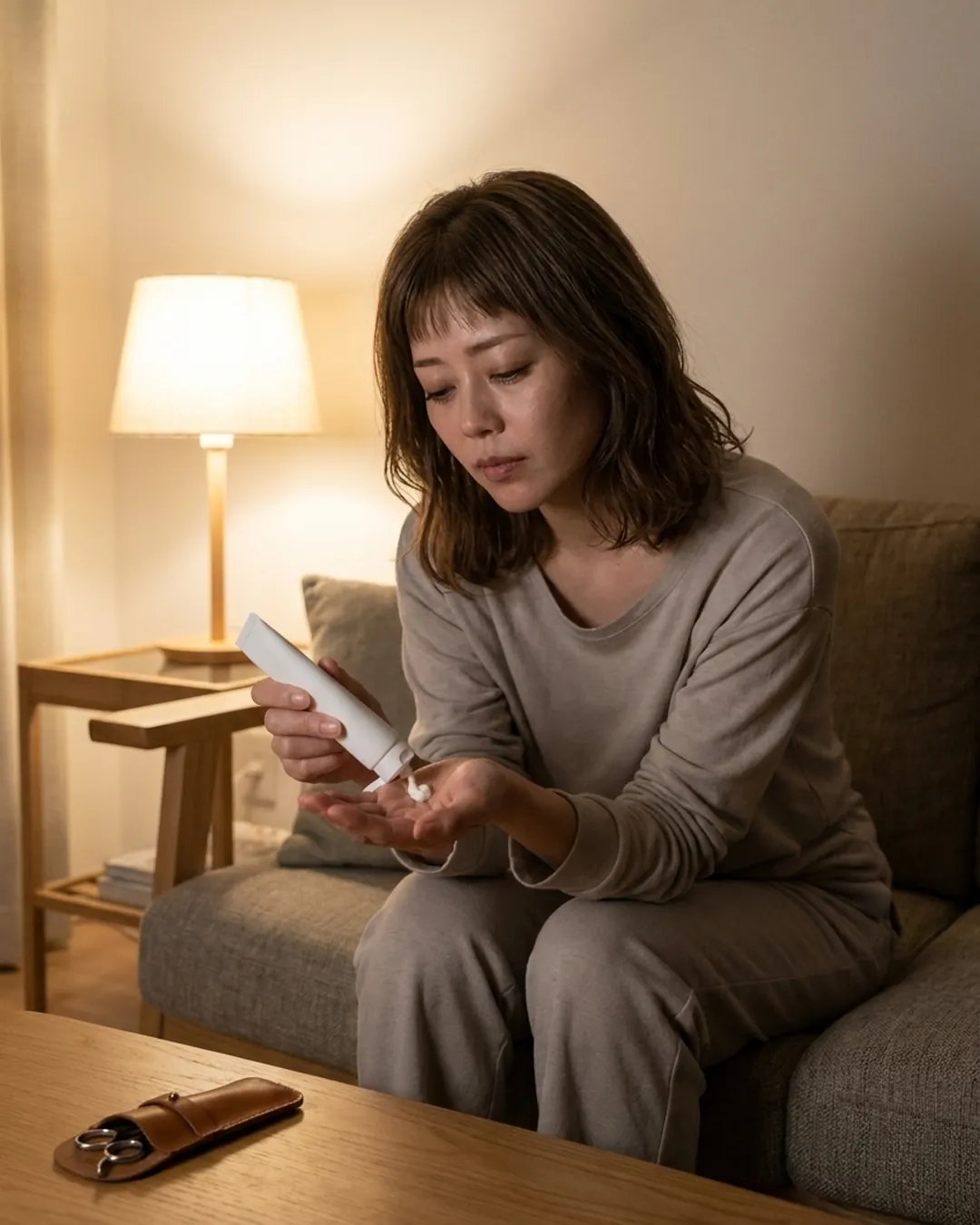 仕事帰り、ソファでハンドクリームを手に出す女性
