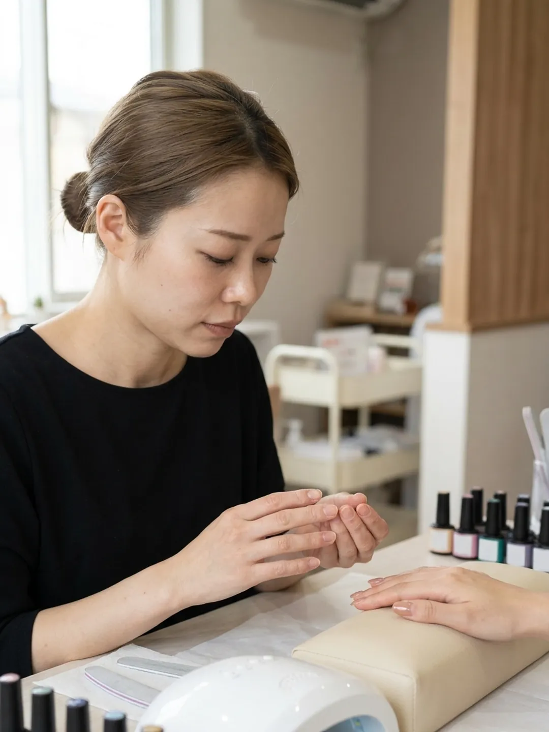 ネイルデスクで自分の指先を見るネイリスト(イメージ)