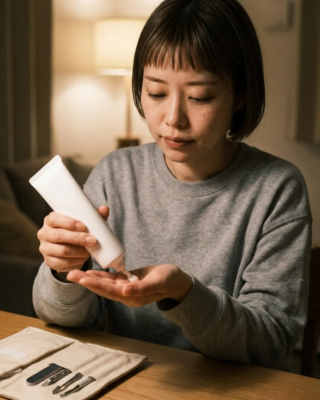 仕事帰り、机でハンドクリームを手に出す女性