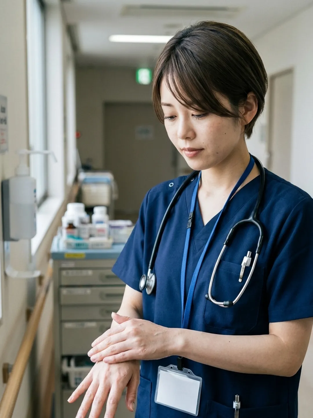 聴診器と名札をつけ、病棟の廊下で自分の手元を見る看護師(イメージ)