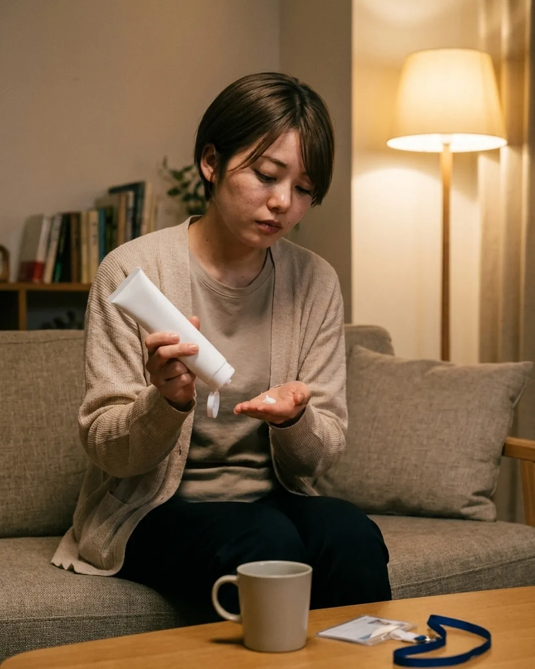 勤務のあと、自宅のリビングのソファでハンドクリームを手に出す女性