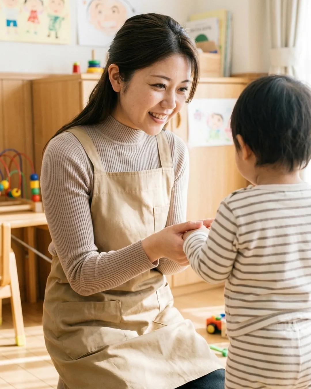 保育室で子どもの小さな手を両手で包む保育士