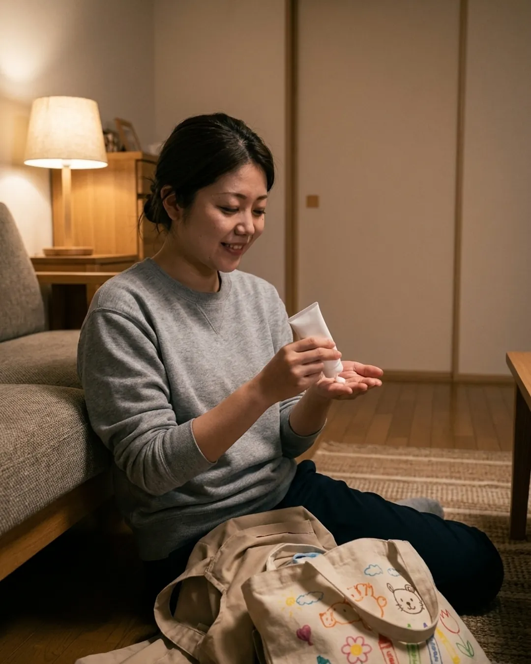 仕事帰り、床に座ってハンドクリームを手に出す女性