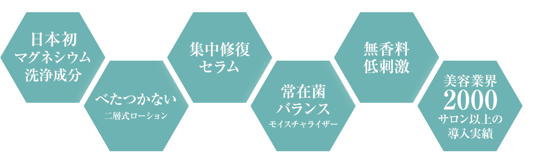 日本初マグネシウム洗浄成分　べたつかない二層式ローション　集中修復セラム　常在菌バランス・モイスチャライザー　無香料・低刺激　美容業界2000サロン以上の導入実績