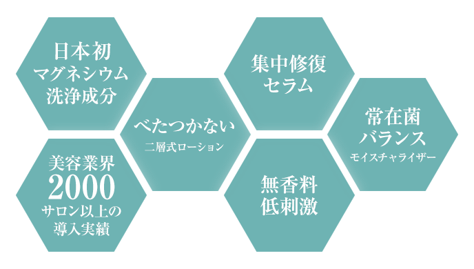 日本初マグネシウム洗浄成分　べたつかない二層式ローション　集中修復セラム　常在菌バランス・モイスチャライザー　無香料・低刺激　美容業界2000サロン以上の導入実績